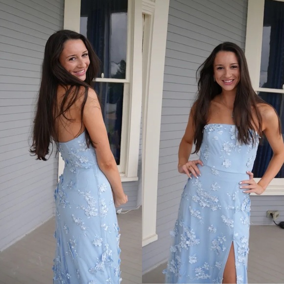 Light Powder Blue 3D Floral Embroidered Strapless Maxi Dress 🌿 - Picture 9 of 10